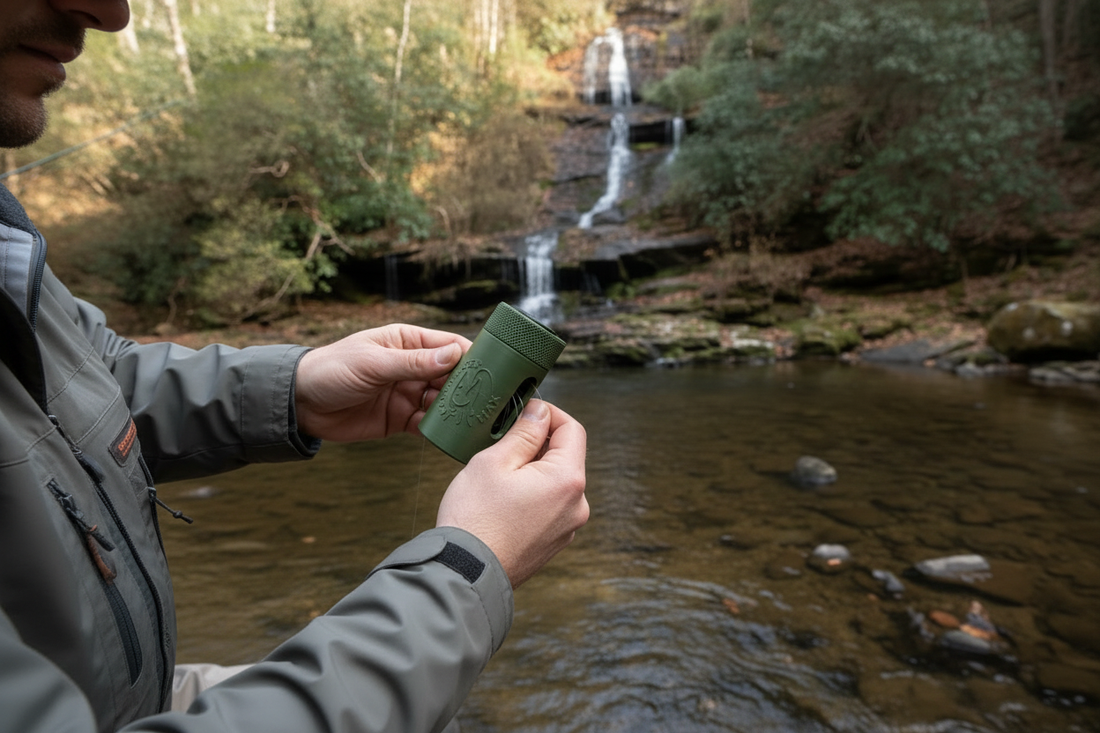 Angler using Leader Eater Max to spool retrieved fishing line streamside with waterfall