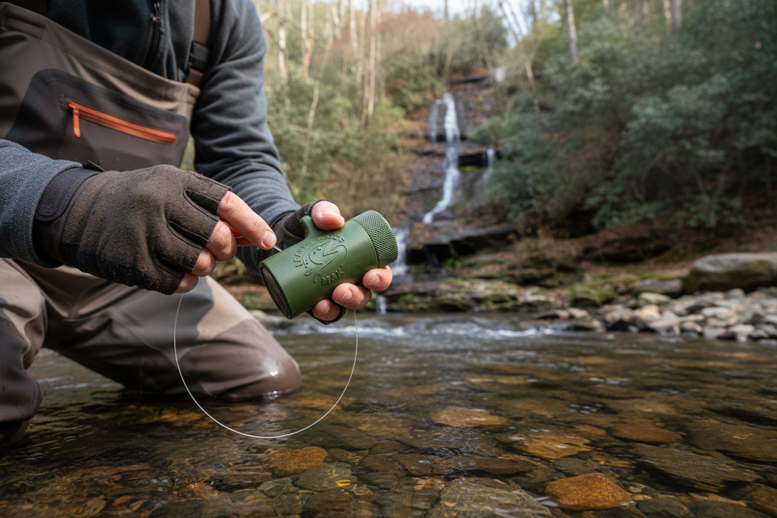 Leader Eater Max fishing line collection tool on a rock in front of a mountain waterfall