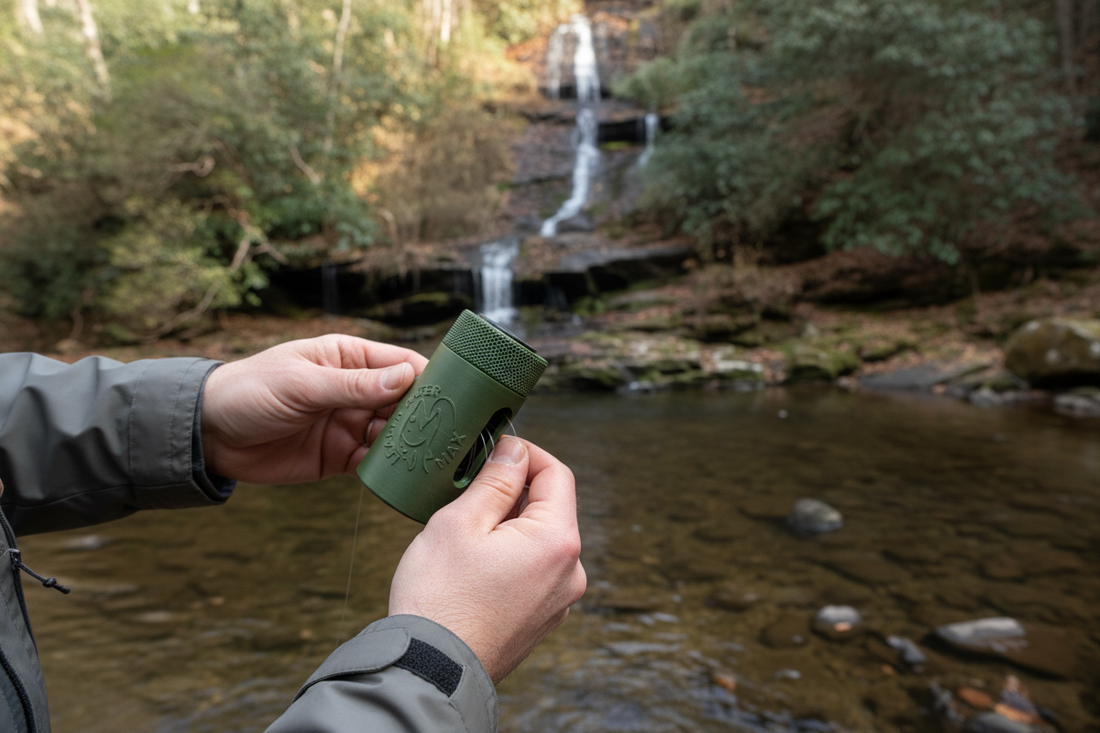 Angler holding the Leader Eater Max fishing line collection tool streamside with a waterfall in the background